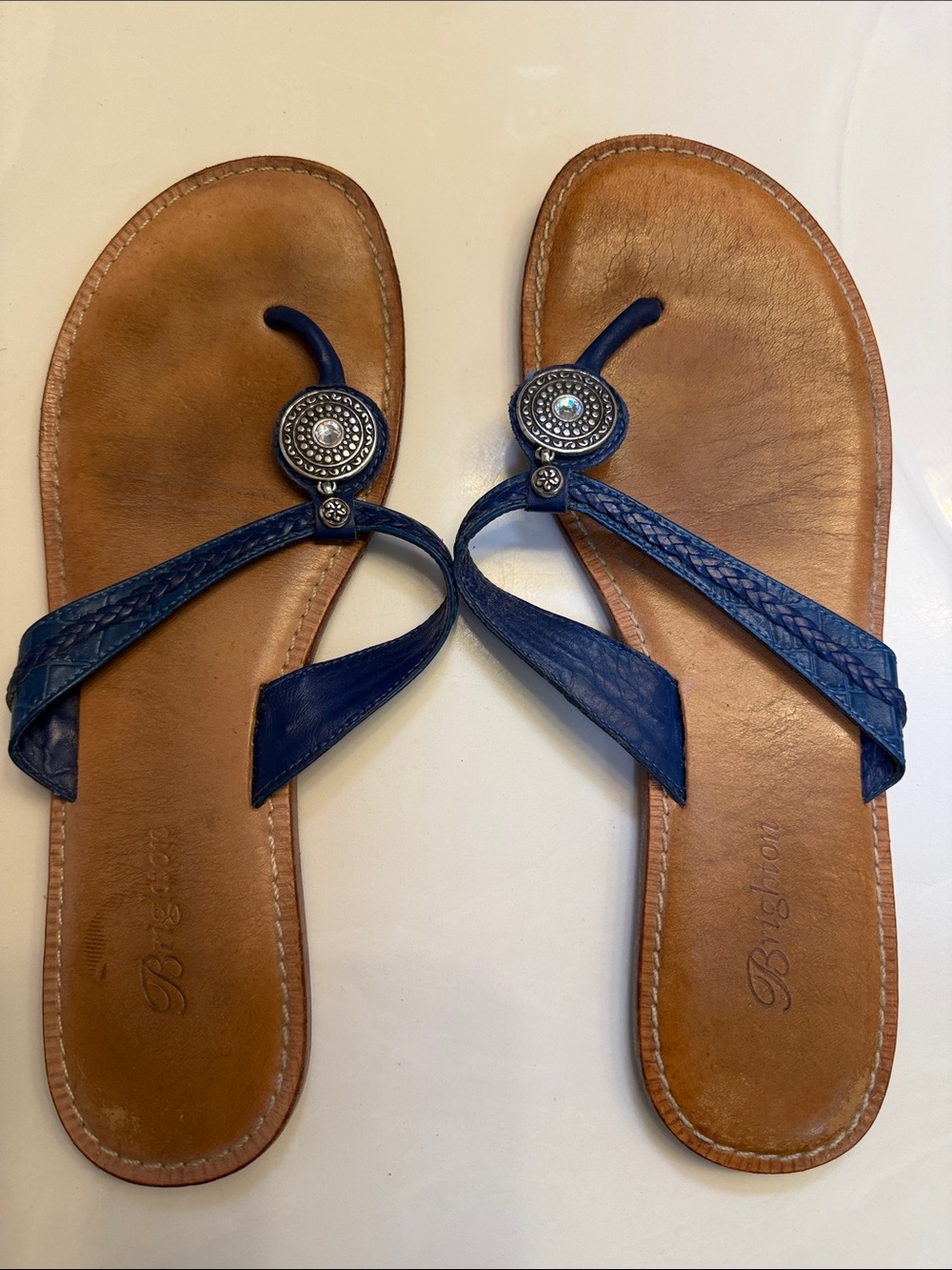 Brighton Blue Braided Leather Toe-Post Sandals with Medallion Accent